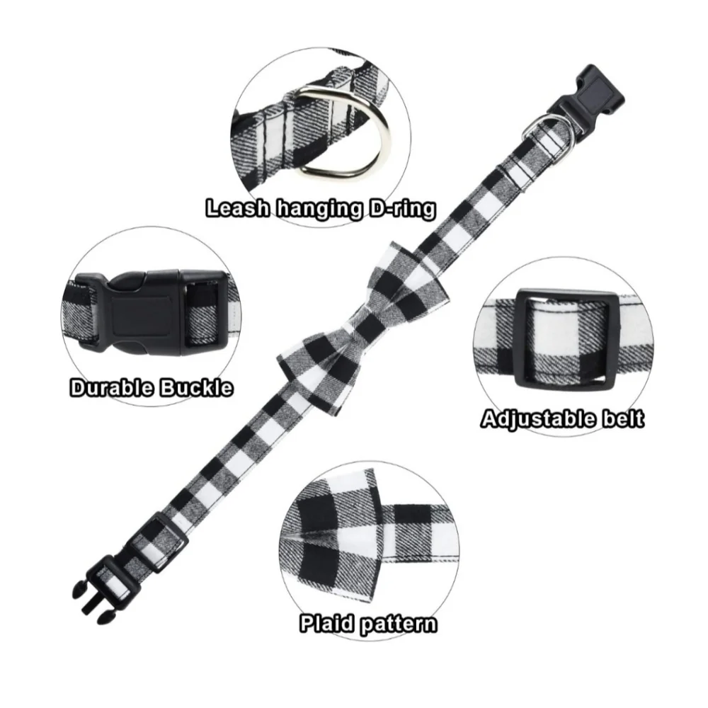 2 Pack Christmas Dog Collar w/ Bow Tie Classic Buffalo Plaid Pattern Size Large
